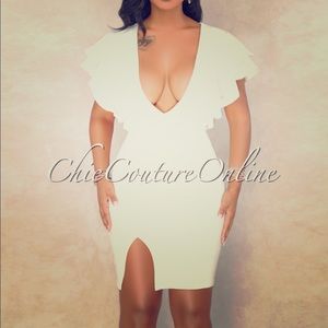 Off-White Ruffle Sleeves Slit Dress